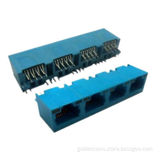 RJ45 Jack V-type Connector with/without LED, 8P8C, DIP Type, 1*4 Port